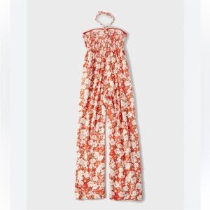 American Eagle Halter Wide leg Floral Jumpsuit Coral Orange Red Resort Smocked